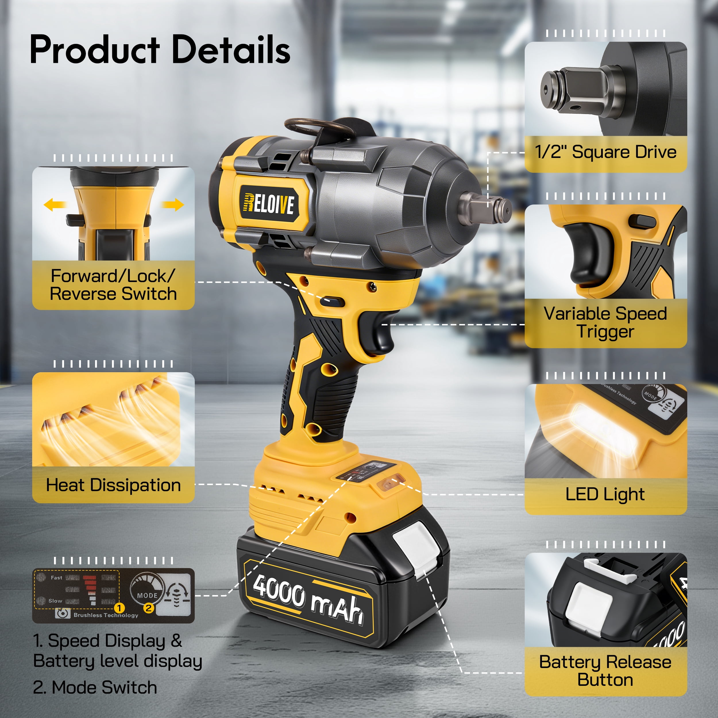 RELOIVE Cordless Impact Wrench Kit,885 FT-lbs(1200N.m) Max Torque,1/2" Heavy-Duty Brushless Motor,4-IN-1 Electric Impact Driver,2 x 4.0Ah Batteries for Car Home Repair