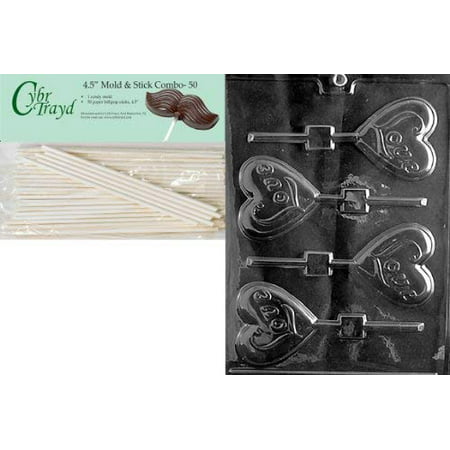 

Cybrtrayd 45St50-V049 Love Heart Lolly Valentine Chocolate Candy Mold with 50 4.5-Inch Lollipop Sticks