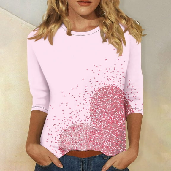 VgaVtl Pink Womens T Shirts Plus Size Valentines Day 3/4 Sleeve Womens Top Regular Graphic Leisure Fancy Festivals Tops