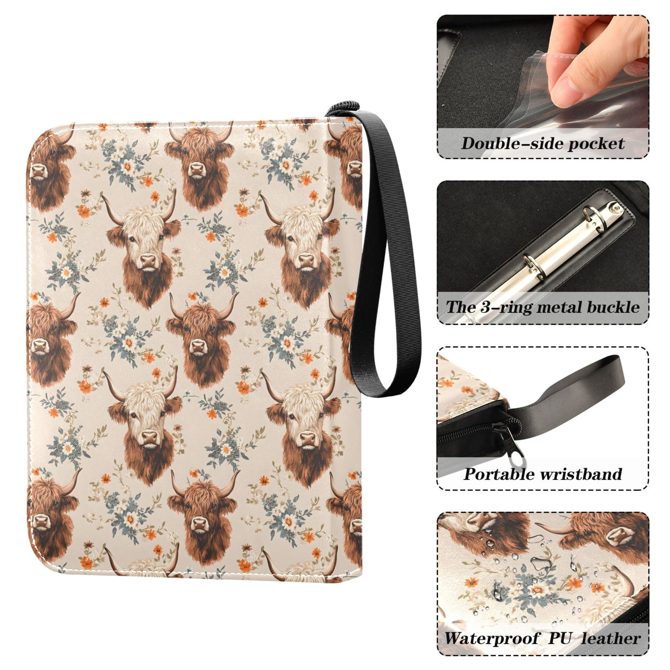 ALAZA Highland Cattle Floral Trading Card Binder 4 Pocket Cards Collection Album 400 Folder Holder