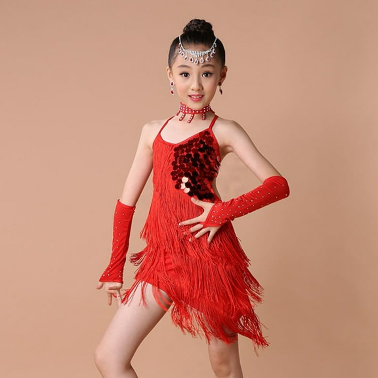 Girls Ballroom Latin Dance Costume Sleeveles Tops Tassel Skirt Dancewear  Skirt