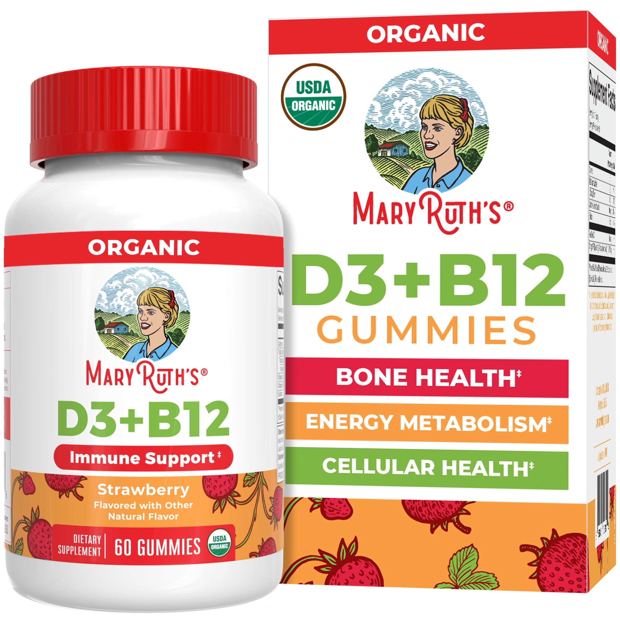 MaryRuth's Vitamin D3 + B12 Gummies USDA Organic Dietary Supplement Immune Support Bone Health Vegan Gluten-Free Unisex Ages 4+, Strawberry, 60 Count