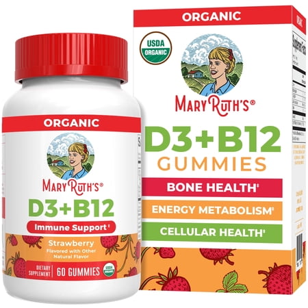 MaryRuth's Vitamin D3 + B12 Gummies USDA Organic Dietary Supplement Immune Support Bone Health Vegan Gluten-Free Unisex Ages 4+, Strawberry, 60 Count