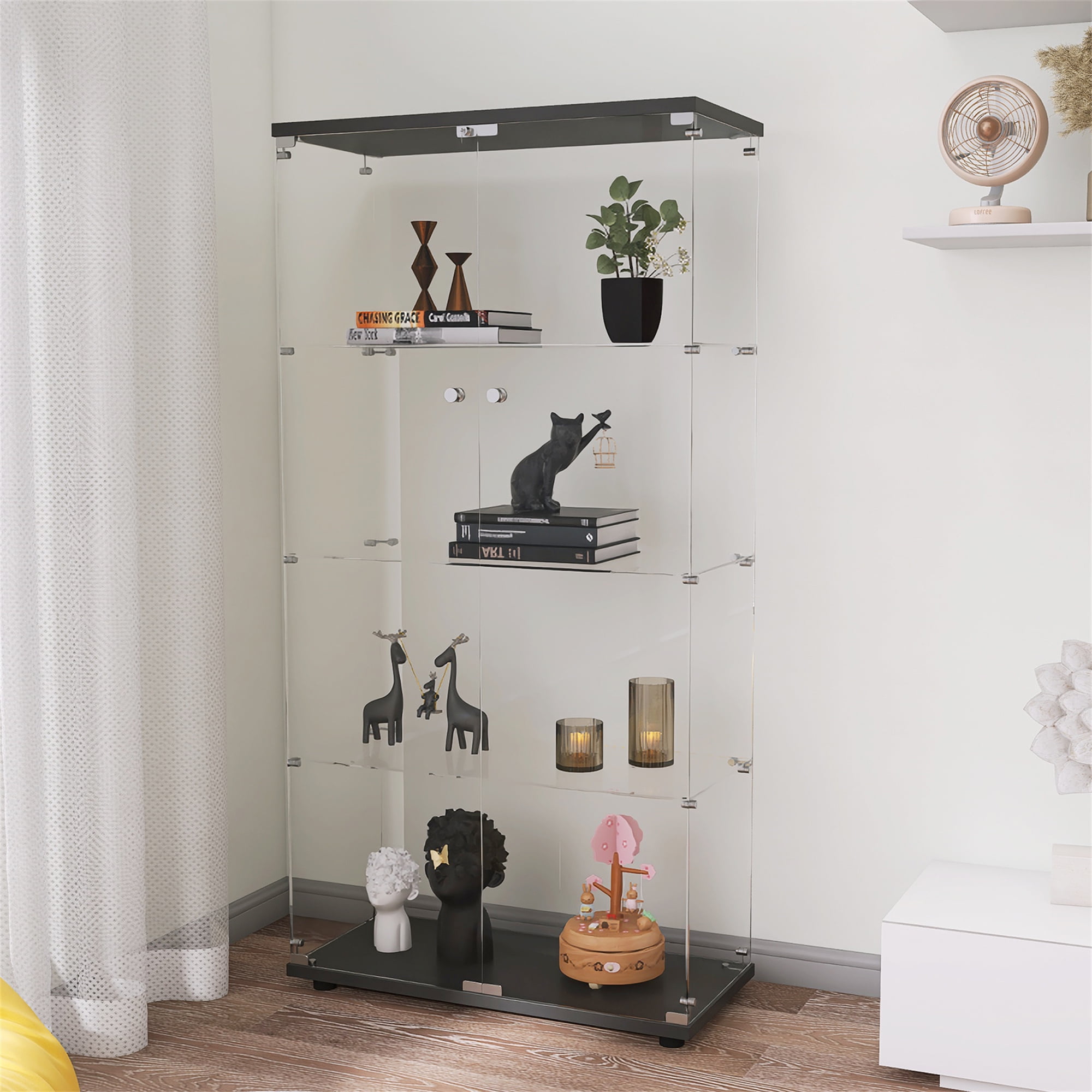 JASMODER Black Glass Cabinet Display Case 4 Shelves with Door
