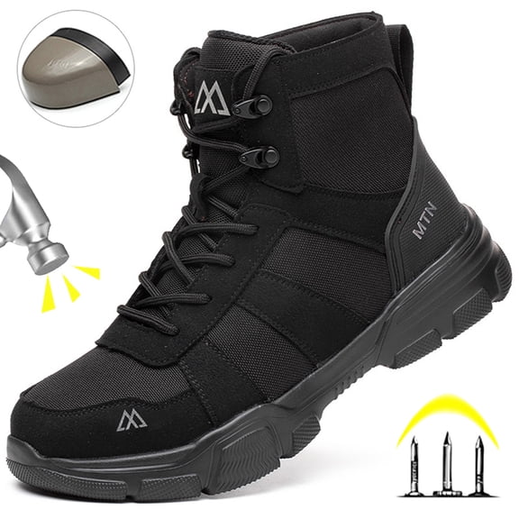 XQJ Men's Steel Toe Work Boots, Comfortable Lightweight Industrial Construction Shoes, Durable High Top Safety Boots - Black - Size 5