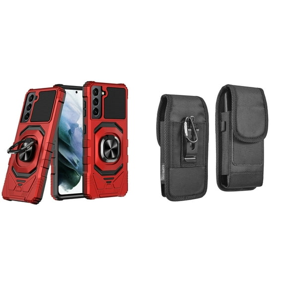 Case with Belt Holster Bundle for Samsung Galaxy S22 Ultra: Heavy Duty Shield Cover (Red) and Vertical Rugged Nylon Phone Pouch