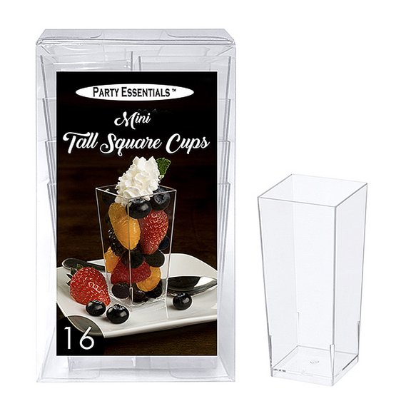 Party Essentials Miniware Mini Plastic Appetizer/Dessert Cups, Clear, 3.5 Oz. Tall Square Cups, Clear, Pack of 16