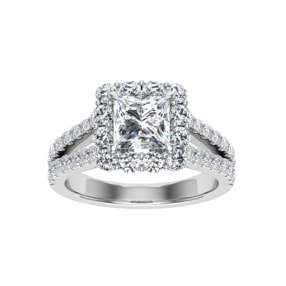 Veda Jewelry 1.58 Ct Princess Cut Moissanite Ring - 14K White Gold Plated - Split Shank Halo Engagement Ring for Women - Elegant Design with Prong Setting for Enhanced Excellent