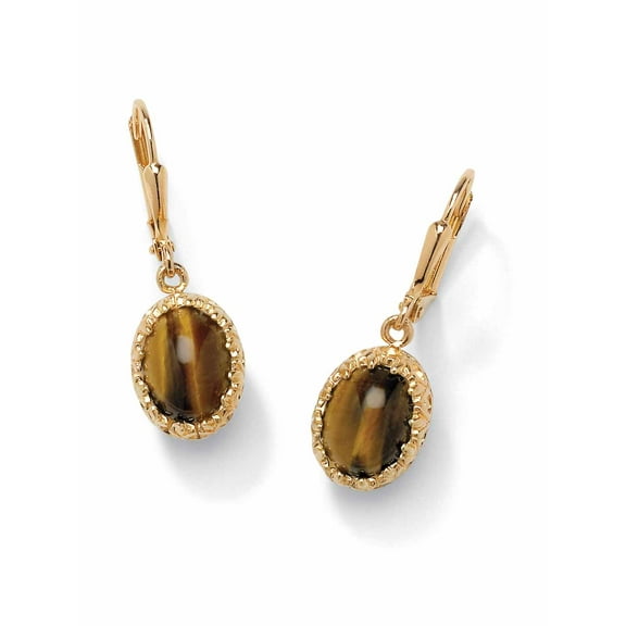 PalmBeach Jewelry Genuine Oval Tiger's Eye Cabochon Drop Earrings Yellow Gold-Plated