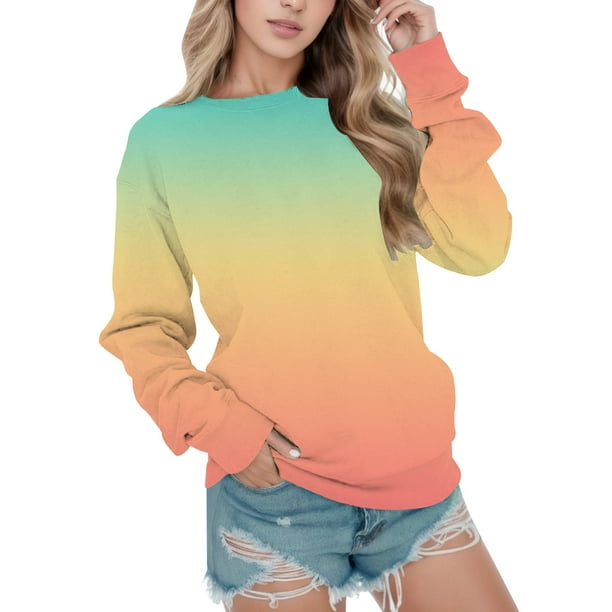 Gibobby Temperamento Pullover Top Sudadera informal con cuello redondo y estampado degradado para mujer, camiseta de manga larga, , versión holgada (Amarillo, XXL)