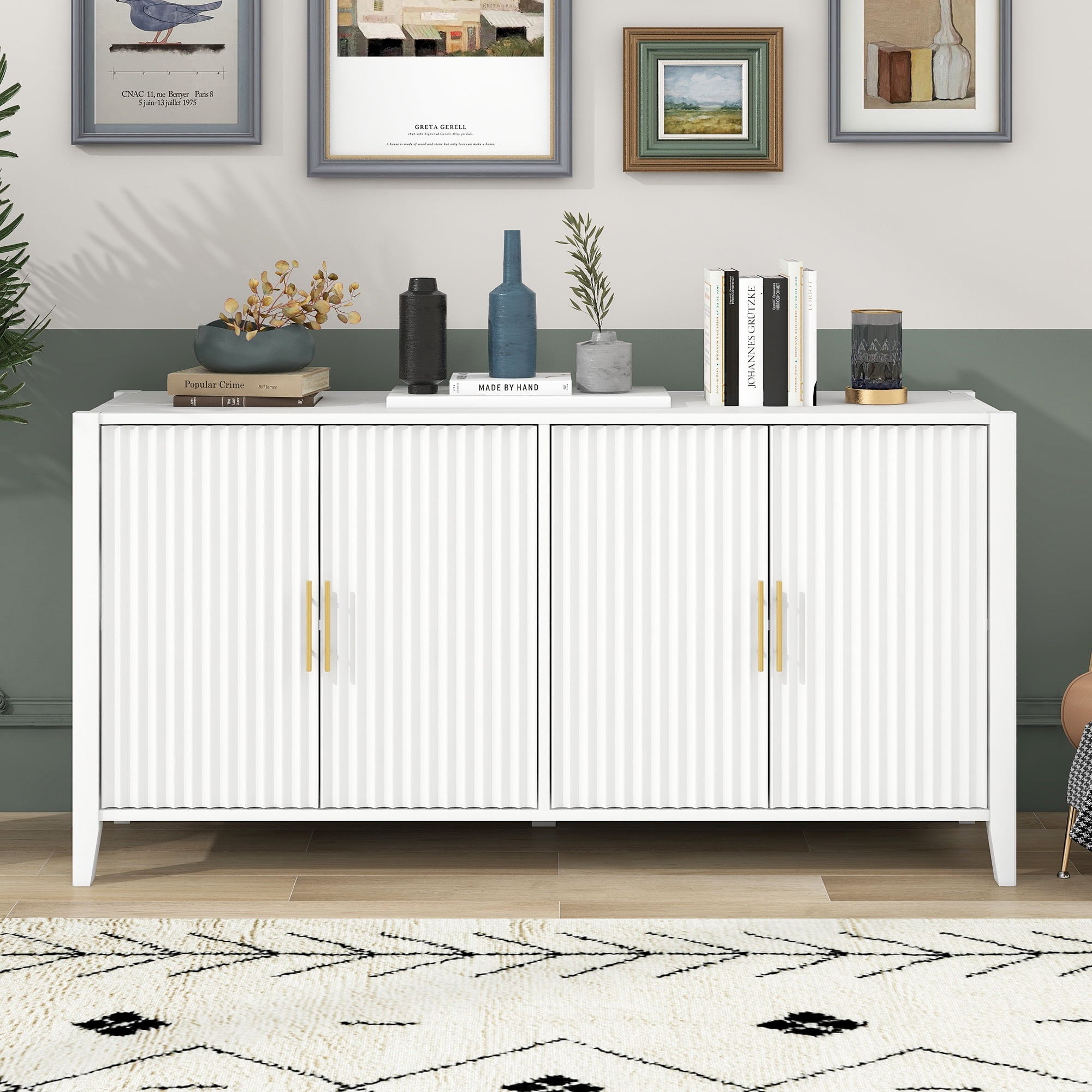 Mintazer 61" Fluted Sideboard Buffet Cabinet with 4 Door, Modern Wave Slatted Storage Credenza with Gold Metal Handles for Dining Room Living Room Entryway, White