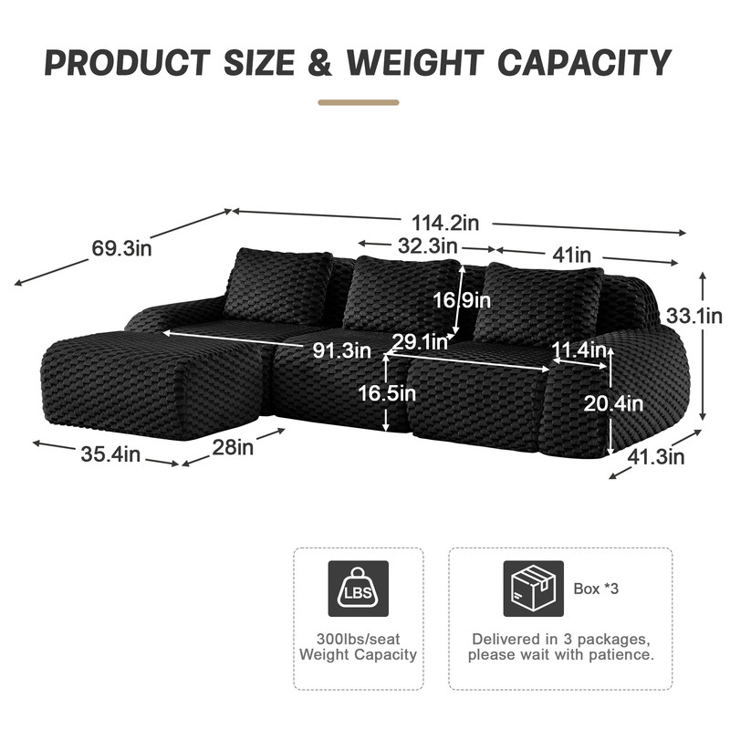 114" Modern L-Shaped Modular Sectional Sofa for Living Room,Flannelette Fabric,Oversized 3-Seater Couch,boneless sofa ,Movable Ottoman,Buckle connection,Anti-slip Design,No Assembly,Black