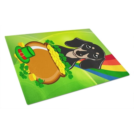 

Caroline s Treasures Smooth Black and Tan Dachshund St. Patrick s Day Glass Cutting Board Large
