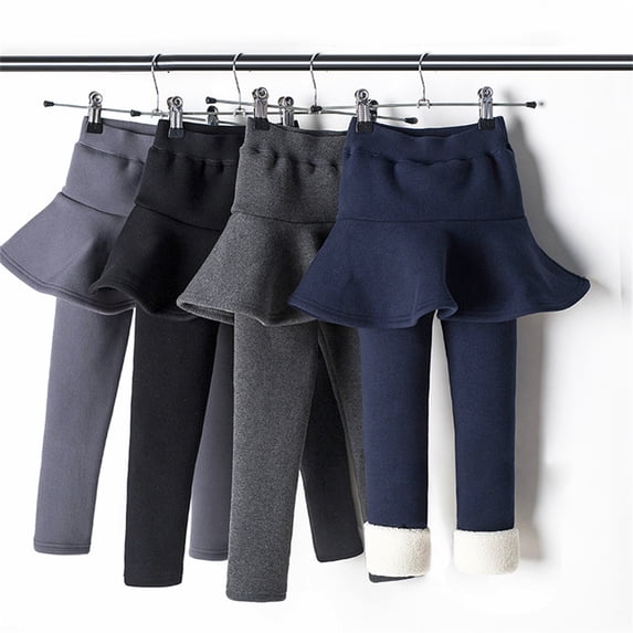 Kids Girls Leggings Elastic Waist Stretchy Fleece Lined Leggings with Ruffle Tutu Skirt Pantskirt for Little Girls,Navy Blue,10-11 Years