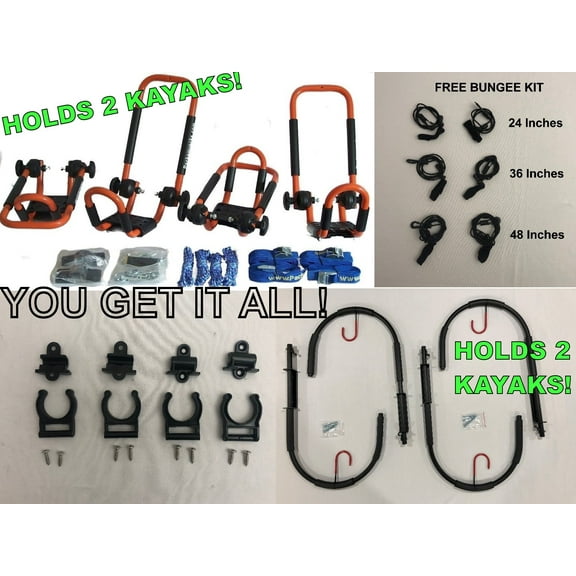 TANGY ORANGE FOLDING J-STYLE KAYAK RACK ROOF TOP AND WALL CARRIER BUNDLE