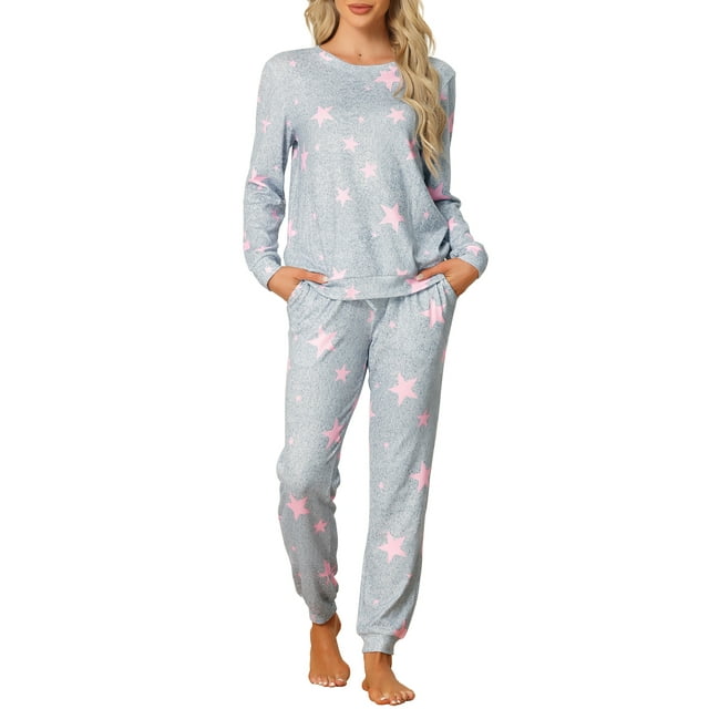 INSPIRAR CHIC Conjuntos de Pijamas de Manga Larga para Mujeres Sudadera de Punto Impresa con Estrellas 2 Piezas Ropa de Dormir XL Rosa