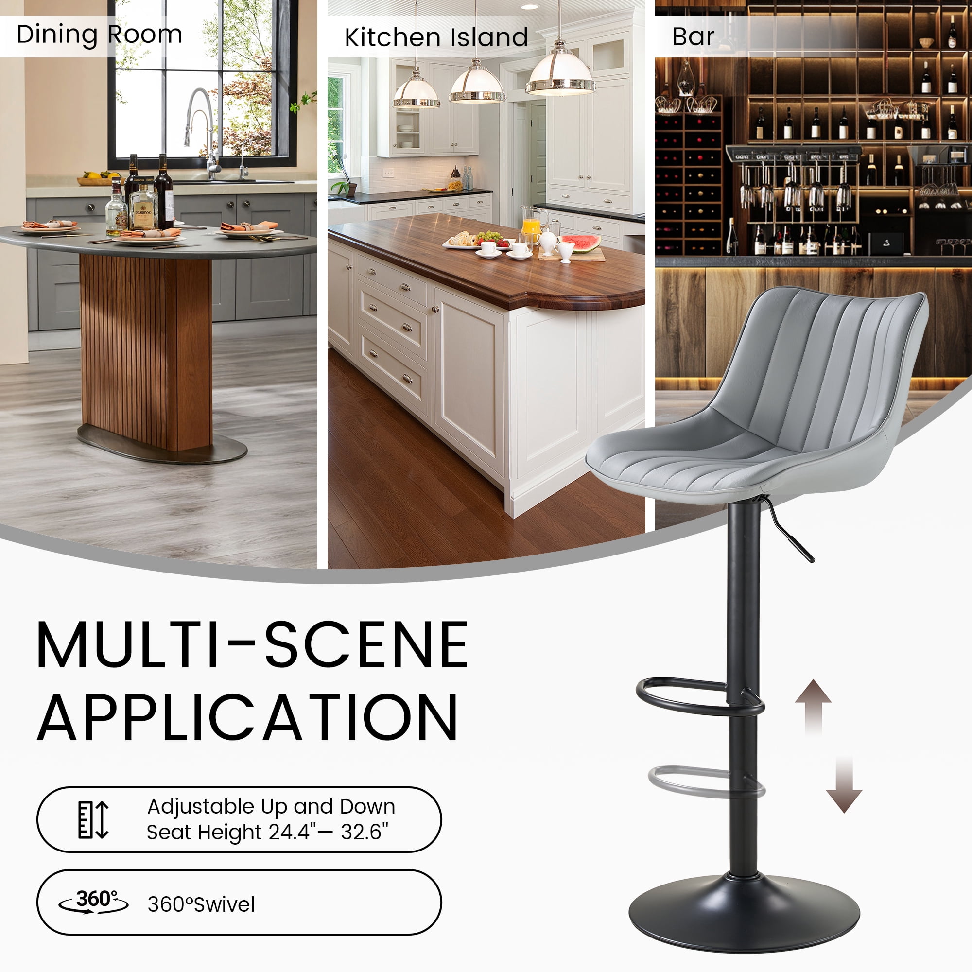 SAETSFEG Bar Stools Set of 2, Adjustable Swivel Counter Height Bar Stool with Footrest, Modern PU Leather Bar Chairs for Kitchen Island, Dining Room, Lightgrey