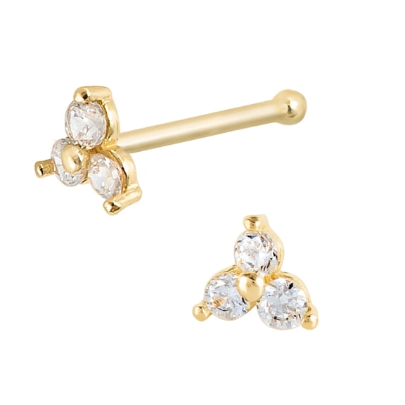 Solid 14Kt Yellow Gold 3-Stone CZ Nose Bone Stud Nose Ring - CZ Accented 22G Ball End Nose Stud Ring - Unisex Nose Piercing Jewelry