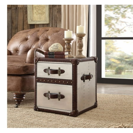Vintage Dark Brown Leather - End Table, Vintage Dark Brown Top Grain Leather & Aluminum