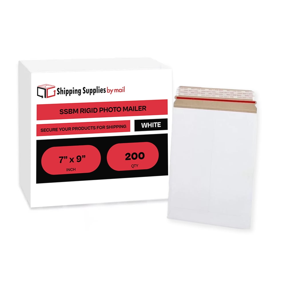 SSBM Rigid White Kraft Cardboard Mailers, 7" x 9" 200 Pcs with Tear Strip. Self Seal Shipping Mailing Envelopes 200 Count