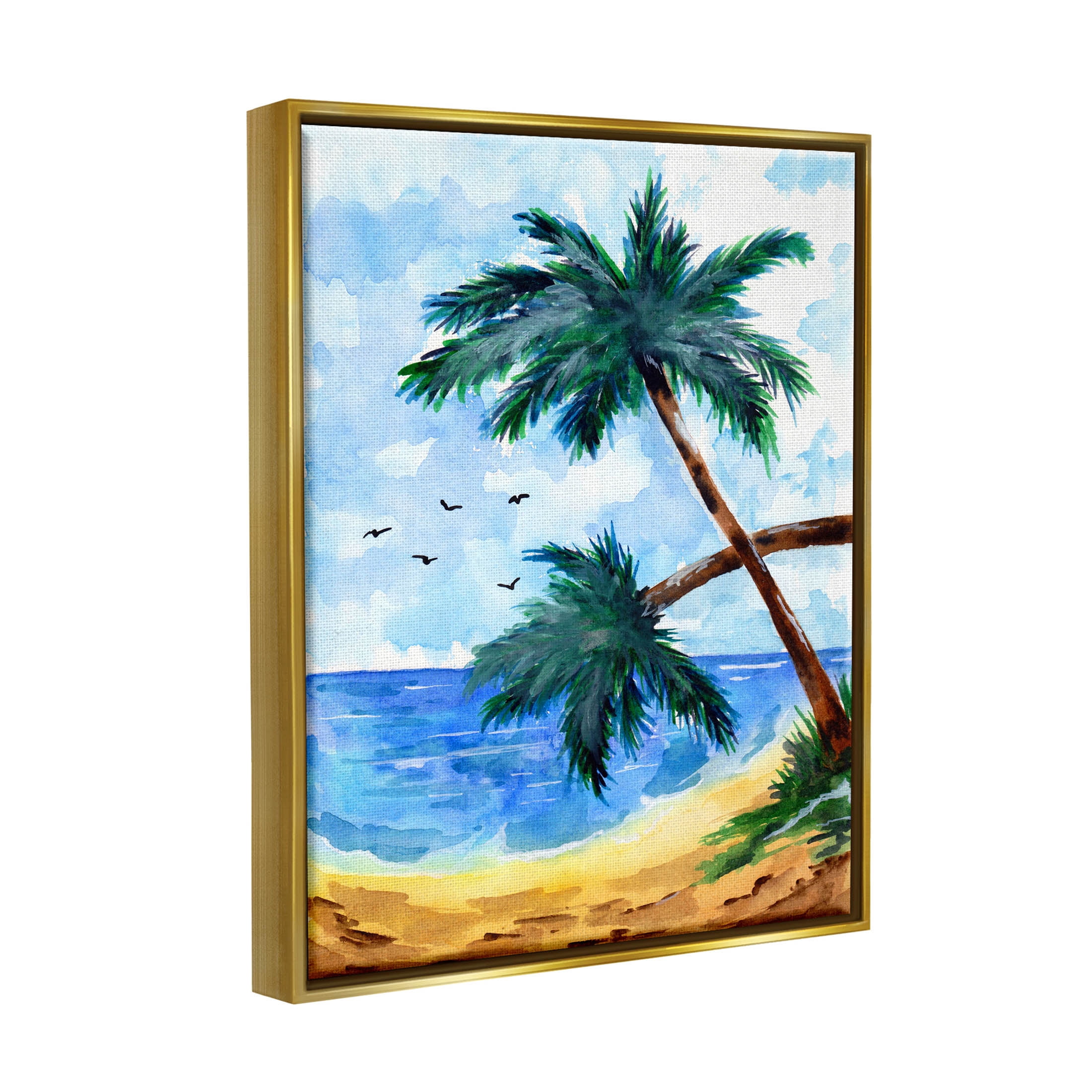Tropical Beach Palms Birds Flying Coastal Painting Metallic Gold Framed Art Print Wall Art