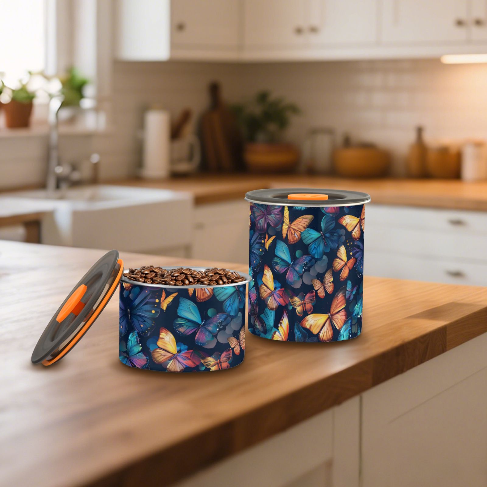Butterflies Colorful Airtight Coffee Bean Canister 30oz Food Storage Containers with Lids For Gournd, Tea, Sugar, Flour, Rice, Cereal, Candy Cookie Jar
