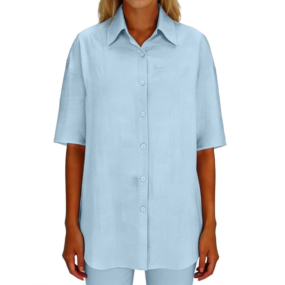 LEKWK Linen Button Down Shirt Women Oversized Lapel Collar Dress Shirts Elbow Sleeve Work Tops Button up Solid Business Office Wear