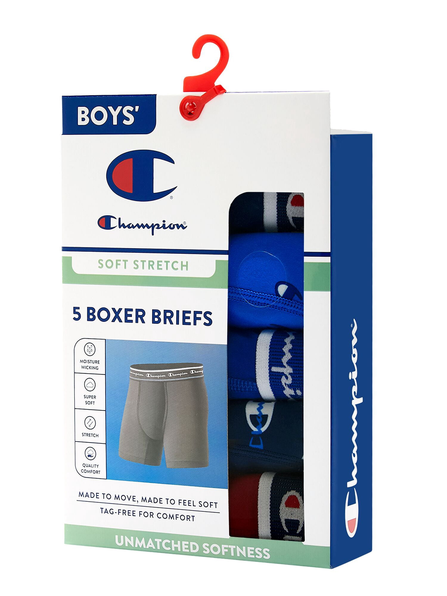 Champion Boys’ Softest Touch Classic Boxer Briefs, 5 Pack, Sizes XS–XL
