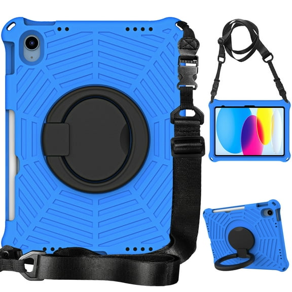 Dteck Kids Case For iPad 11-inch (A16) 2025/iPad 10th Generation 10.9 inch 2022,Shockproof EVA Case with Rotatable Kickstand/Hand Grip/Shoulder Strap Kids Friendly Hybrid PC Cover,Blue