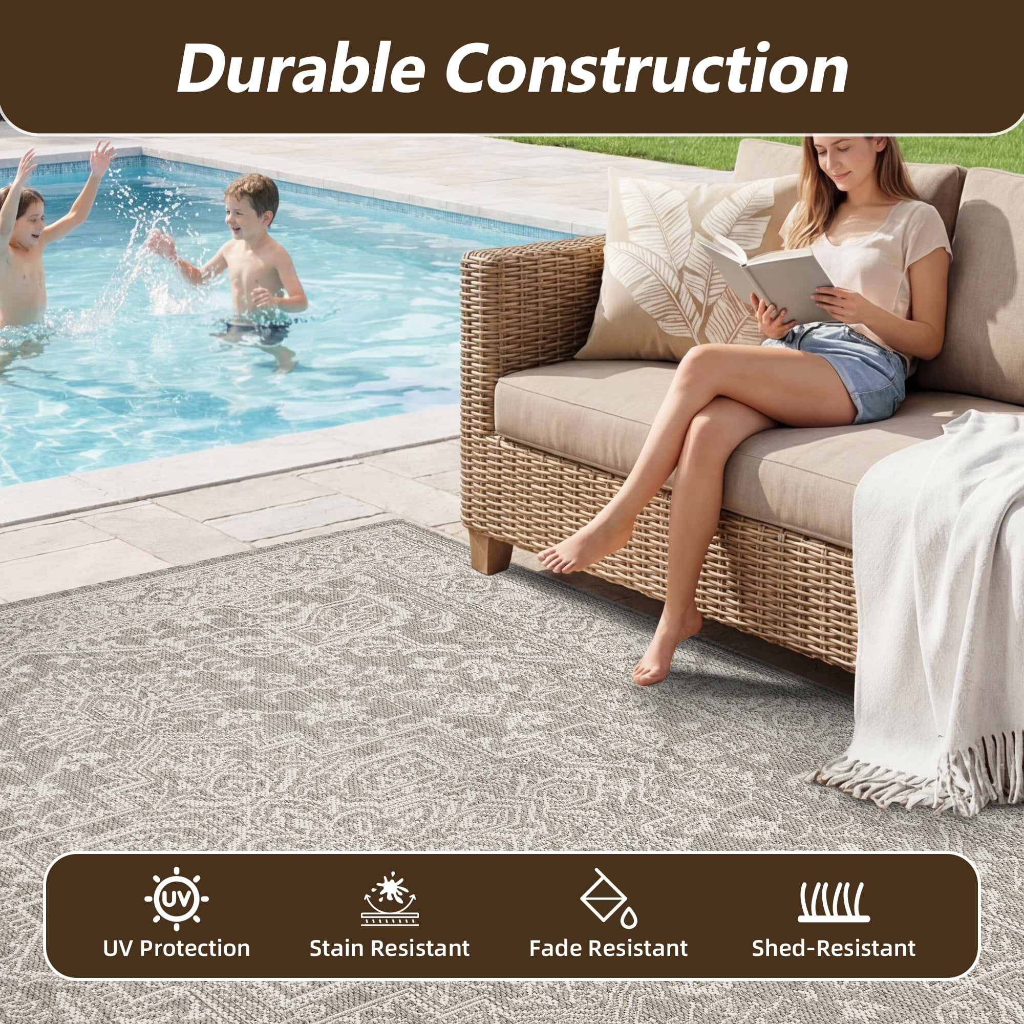 SIXHOME 4'x6' Outdoor Rug, Farmhouse Medallion Patio Rug, Indoor Outdoor Polypropylene Weave Textured Carpet, Water-Resistant, Quick-Dry Rug for Porch, Balcony, RV, Garden, Neutral Gray