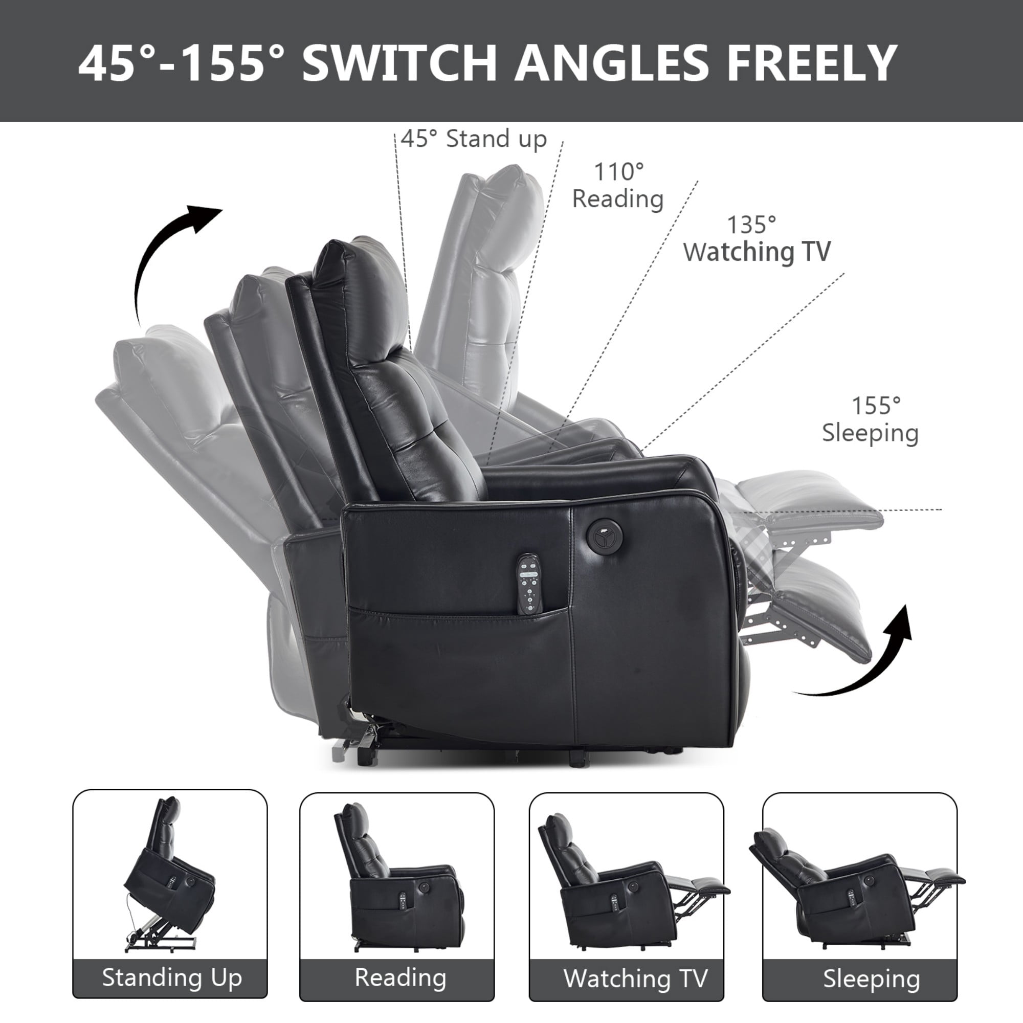 BSHTI Faux Leather Power Lift Recliner Chair with Vibration Massage, Lumbar Heat, USB Charging for Living Room(Black)