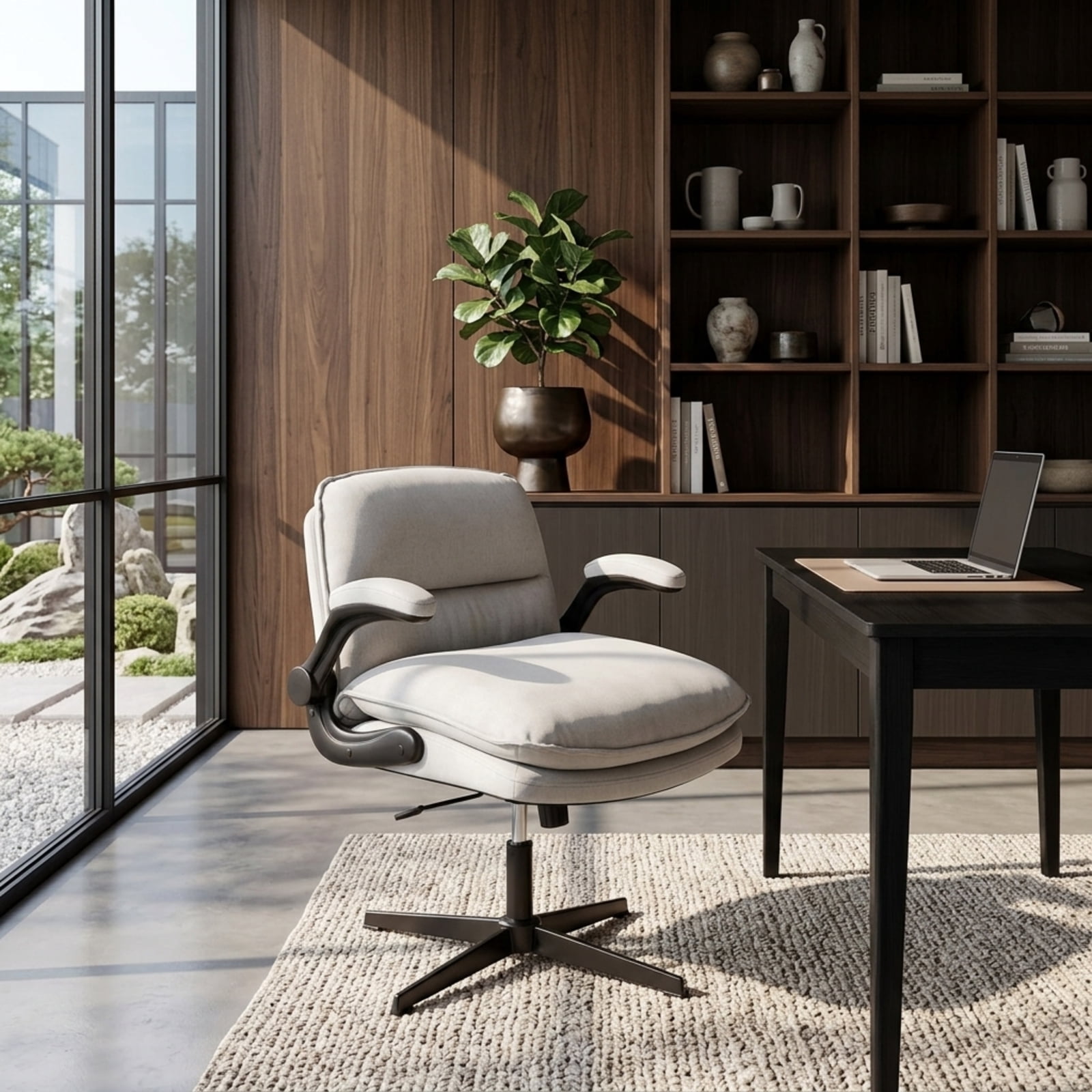 Furnibear Ergonomic Office Desk Chair with Flip-Up Arms, Height Adjustable Criss Cross Rocking Task Chair with Wide Backrest and Padded Seat, Beige