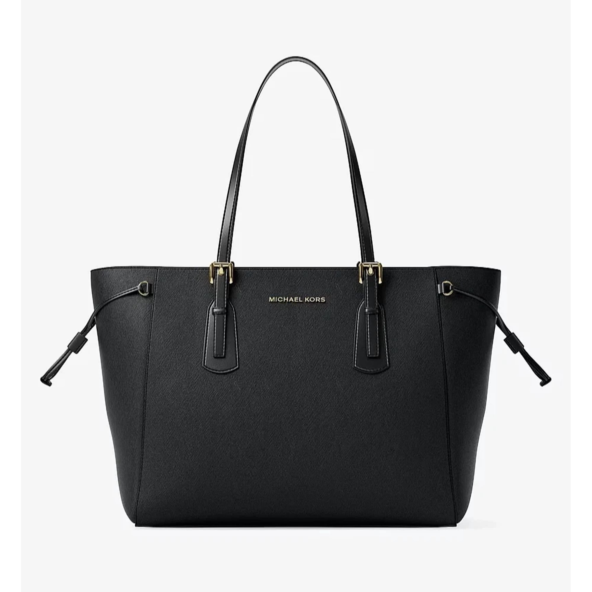 Michael Kors Voyager Large Saffiano Top-Zip Tote Bag Black Gold