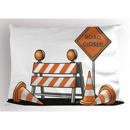 Decorative Symbols Urban Pillow Sham Road Closed Sign with Traffic Warning Symbol with Blocker Stop Illustration, Decorative Standard Size Printed Pillowcase, 26 X 20 Inches, Pale Orange Grey, by Ambesonne ()