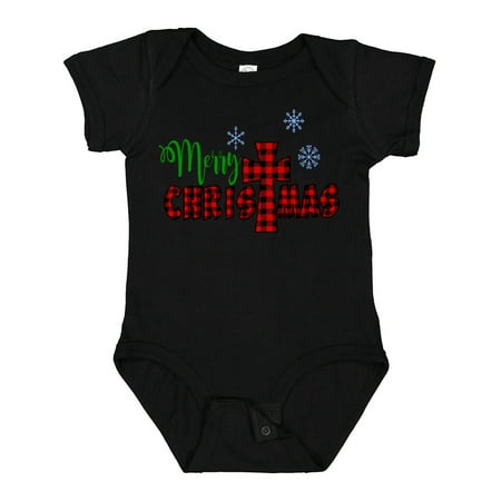 

Inktastic Merry Christmas Buffalo Plaid Cross with Snowflakes Gift Baby Boy or Baby Girl Bodysuit