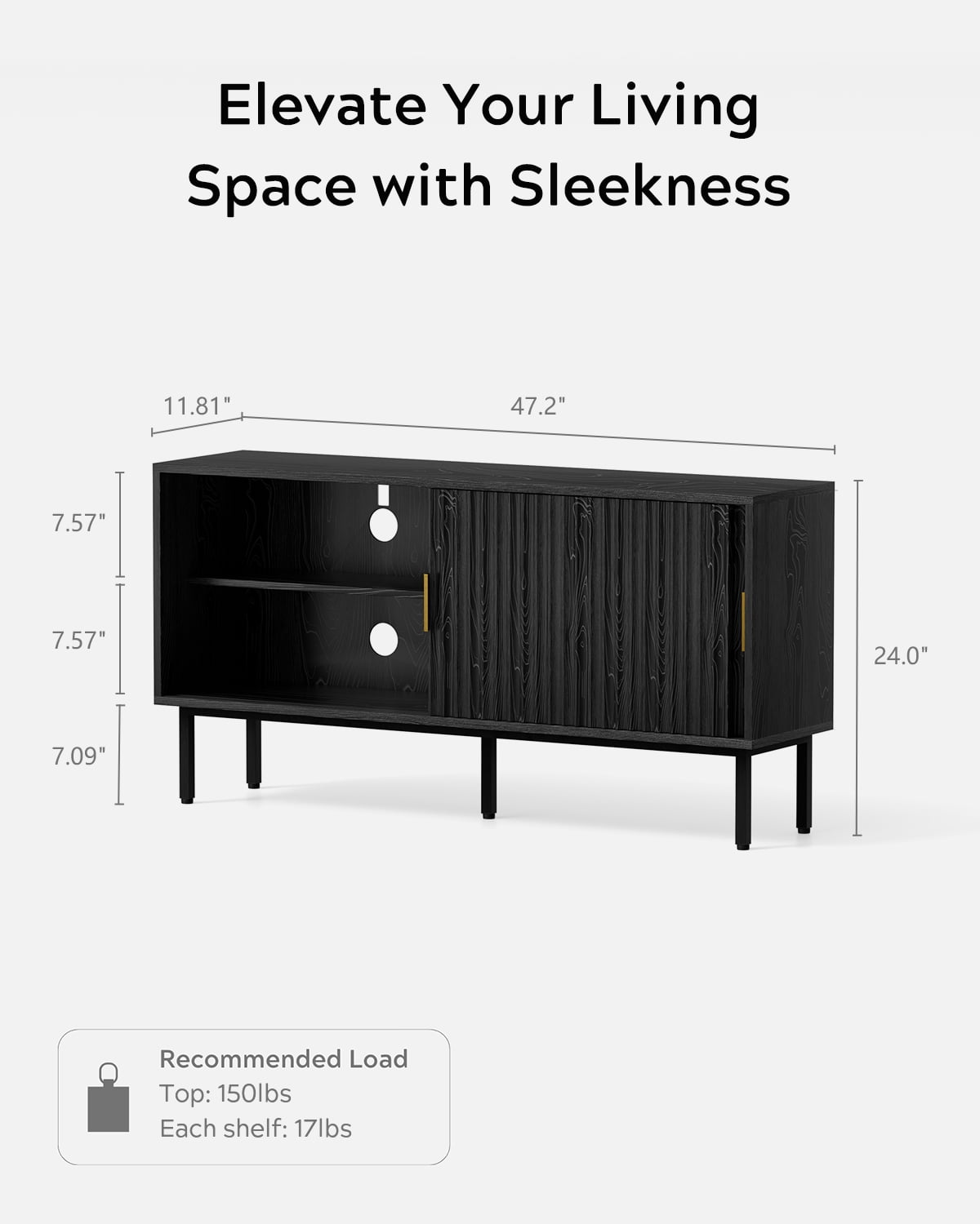 EYYTHUNG Fluted TV Stand with Sliding Doors, 47" Mid Century Entertainment Center with Adjustable Shelf, Wooden Media TV Console with Storage Cabinet, Black