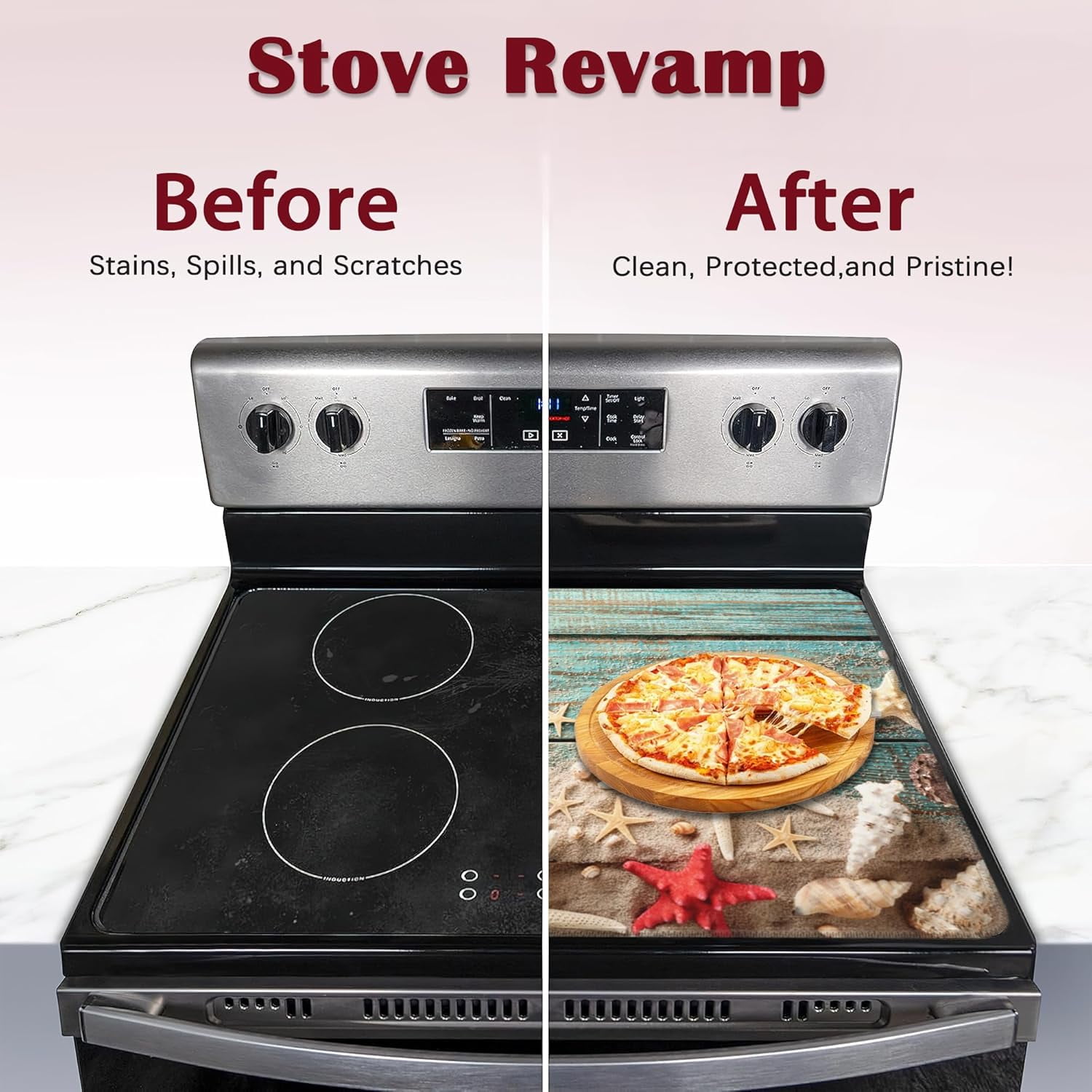 Beach Seashell Starfish Electric Stove Top Cover Protector,Blue Wooden Glass Flat Top Stove Mat,Heat-Resistant Oven Induction Cooktop Mat for Ceramic Countertop Mats Dish Drying Mat