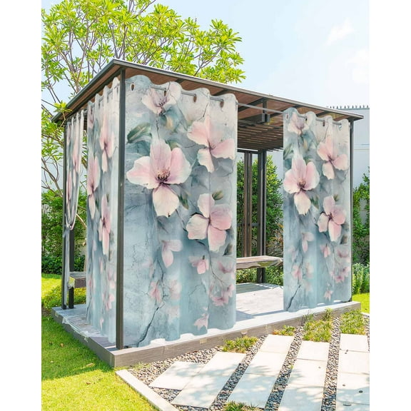 nqOlkjepod Outdoor Curtains for Patio Waterproof, Pink Spring Flower Outdoor Privacy Panels Grommet, Retro Blue Wall Mottled Pastoral Blackout Outside Curtains for Porch/Cabana 54"x84", 1 Panel