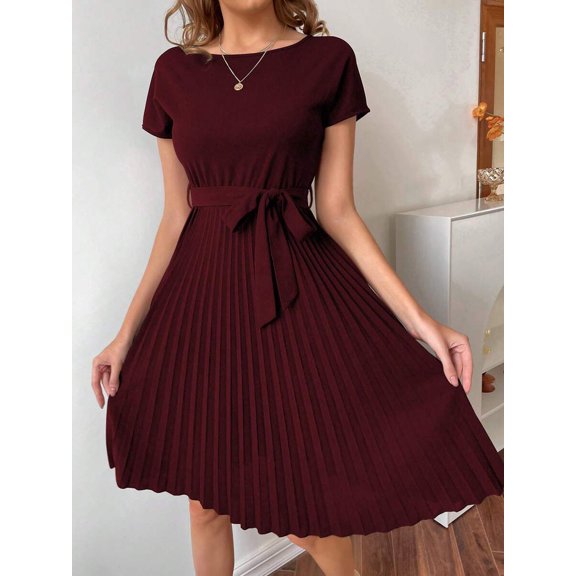 Burgundy Pleated A-Line Self-Belted Short Sleeve Dress With Boat Neck