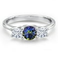 thumbnail image 3 of Gem Stone King 14K White Gold Blue Mystic Topaz & White Moissanite 3-Stone Engagement Ring | 0.96 Cttw | Round 5MM and 4MM | Three Stone Wedding Anniversary Promise Ring for Women (Size 5), 3 of 6