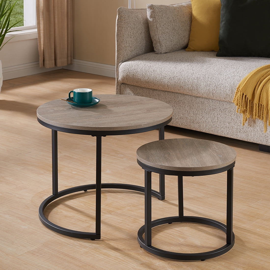 CENSI Modern Grey Oak Round Nesting Coffee Table Set of 2 for Living