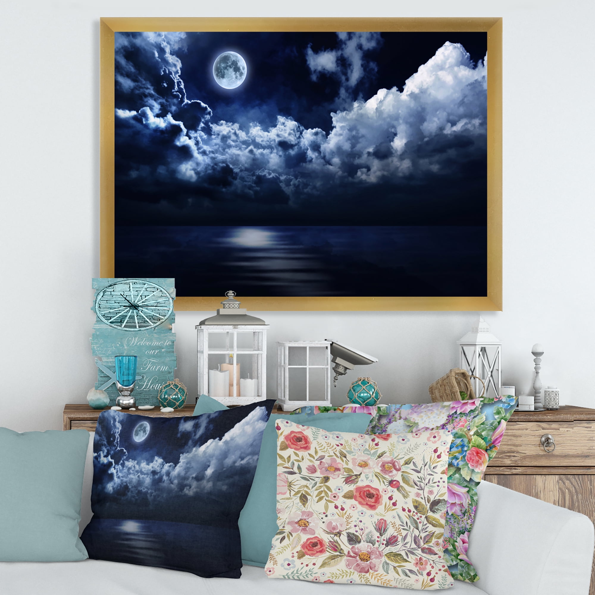 Designart 'Full Moon Night in Cloudy Sky' Modern Framed Art Print