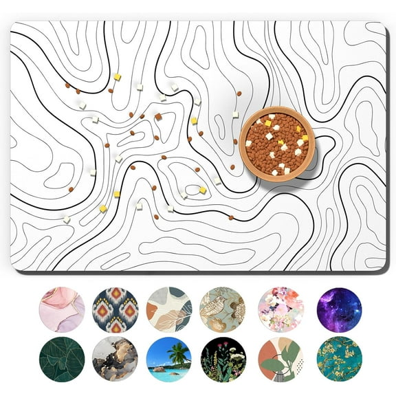 Dog Food Mat, 12" x 19" Absorbent Dog Cat Bowl Mat for Food and Water, Cute Anti-Slip Rubber Pet Feeding Rug Protect Floors, Placemat for Feeding & Watering Supplies, White Line Art