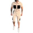 thumbnail image 3 of VBTAPA Men's 2 Piece Outfits Color Block Fashion Casual Tracksuit Short Sleeve Cotton Shirt and Shorts Set Summer Hipster Streetwear Limited Time Sales Beige S, 3 of 7