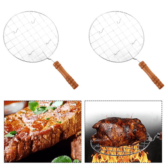 Fakrich Barbecue Round Bbq Grill Net, Stainless Steel Grate Cooking Grid Grates Charcoal Barbecue Grill with Handle for Camping Outdoor Picnic Bbq