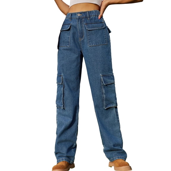XFLWAM Womens Cargo Jeans High Waisted Wide Leg Baggy Denim Cargo Pants Flap Pocket Y2K Streetwear Casual Trousers Blue S