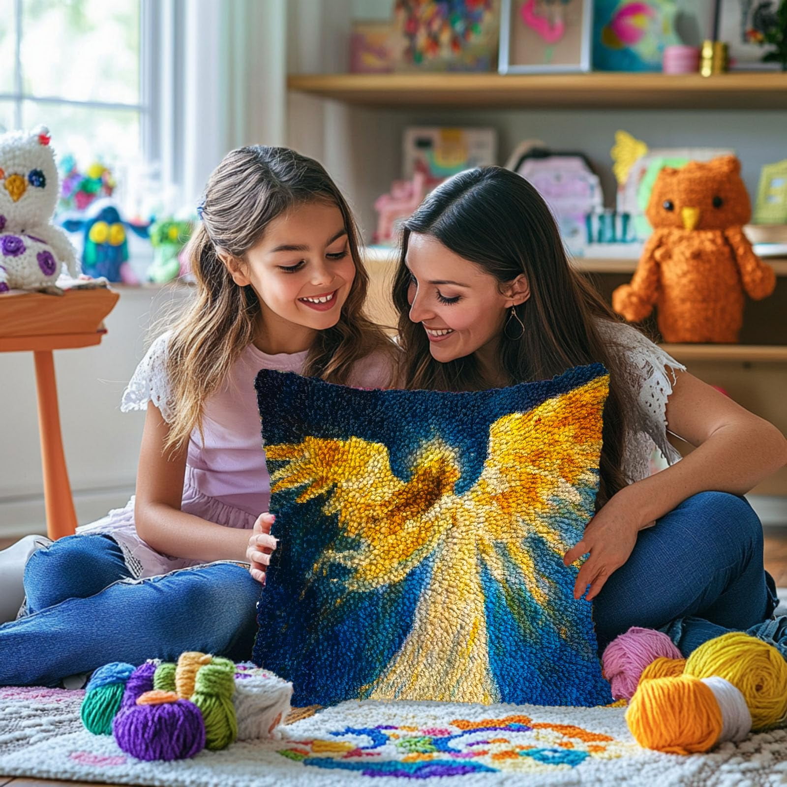 Abstract Angel Glitter Wing DIY Latch Hook Pillow Kits for Adults Printed Pillowcase Crochet Yarns Hooking Handmade Pillow Cover Cushion for Home Sofa Decoration 17x17inch(1)
