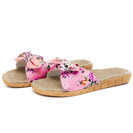 Sodopo Braided Sandals for Women Bowknot Flax Linen Cute Soft Sole Indoor Bedroom Slipper Comfort Summer House Beach Flats Shoes