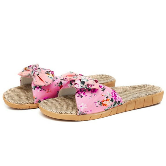 NGTEVOOS Women Bohemia Bowknot Flax Linen Flip Flops Beach Shoes Sandals