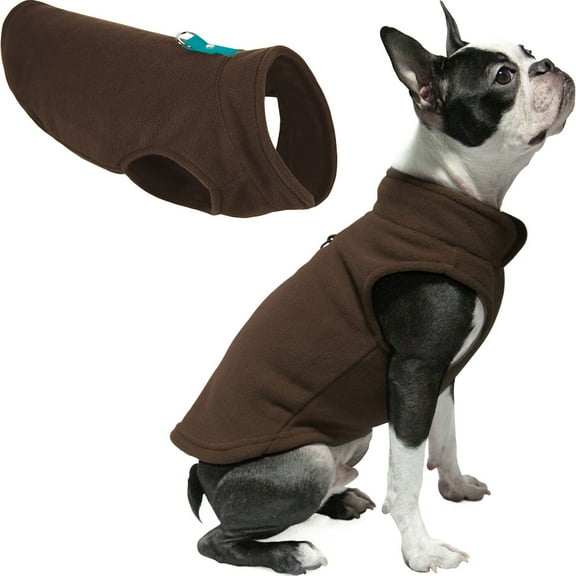 Gooby Fleece Vest - Brown with Turquoise, Large - Warm Pullover Fleece Dog Jacket with O-Ring Leash for Small Dogs